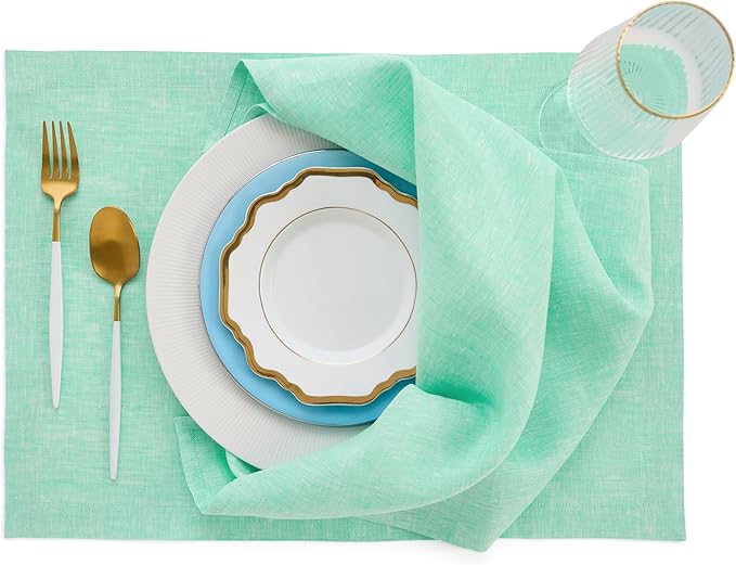 Solino Home Linen Cloth Napkins Set of 4-100% Pure Linen Chambray Aqua Dinner Napkins 20 x 20 Inch - Athena, Handcrafted and Machine Washable