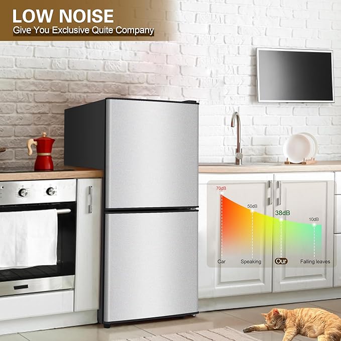 Compact Refrigerator with Freezer 4.2 Cu. Ft. 2-Door Dorm Fridge with Adjustable 7-Level Thermostat, Small Refrigerator with Freezer for Home, RV, College Dorm, Apartment, Office, Silver