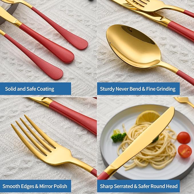 20-Piece Red & Gold Silverware Set, 18/0 Stainless Steel Colorful Handle Flatware Set,Service for 4,Modern Cutlery Set Includes Dinner Knives Forks Spoons,Mirror Polished,Dishwasher Safe