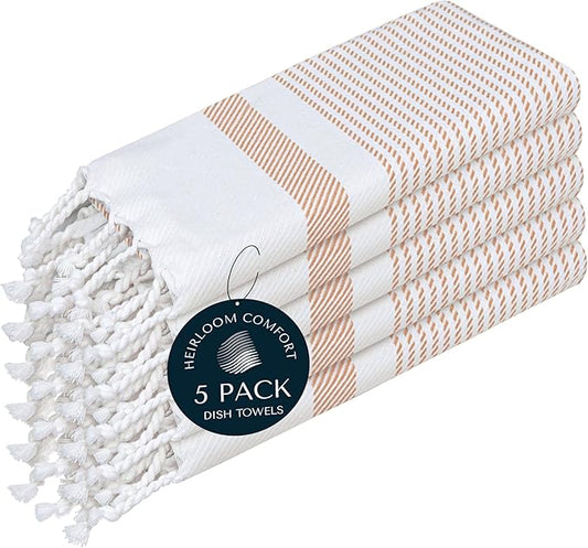 Beige Turkish Kitchen Towels 16x26 Inch, 5 Pack, 100% Cotton, Ultra Absorbent, Soft, Fast Dry, Machine Washable, Dish Towel with Tassels for Drying Dishes, Cleaning, Everyday Use