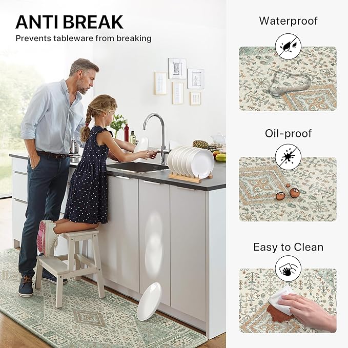 GENIMO Kitchen Mats for Floor 2PCs, Washable Anti Fatigue Mat for Cushioned, 17.3"x59"+17.3"x30", Waterproof Kitchen Rugs, Non Slip Comfort Standing Mat Rug for Home, Sink, Laundry, Green