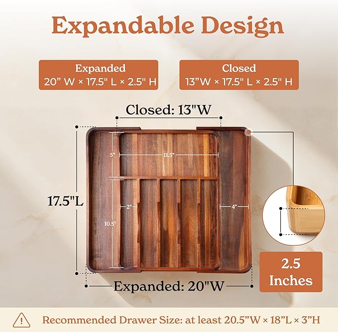 SMIRLY Silverware Drawer Organizer – Bamboo Kitchen Drawer Organizer, Adjustable Utensil Holder and Cutlery Tray, Drawer Dividers for Flatware and Kitchen Utensils