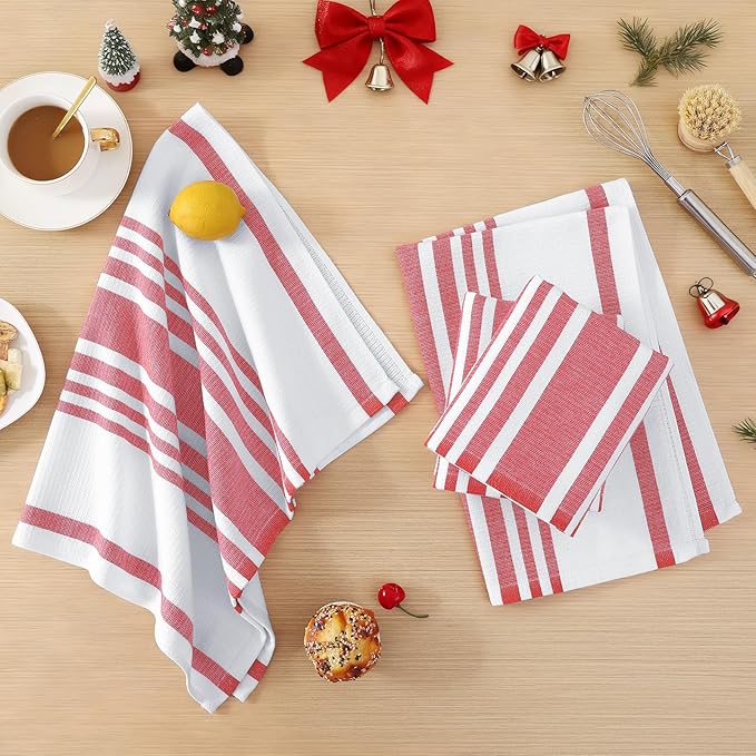 Homaxy Premium Kitchen Towels 18”x 28”, Large Cotton 380 GSM Kitchen Hand Towels, Stripe and Terry Dish Towel, Highly Absorbent Tea Towel Set with Hanging Loop, 8 Pack, Red