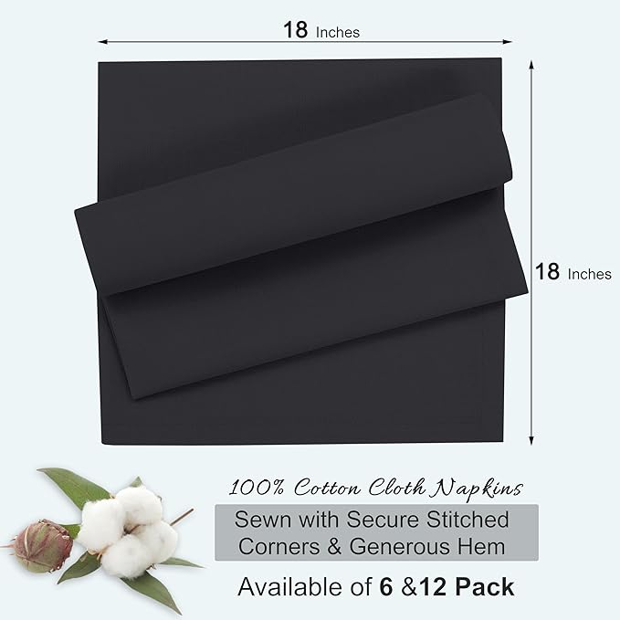 Ruvanti Cloth Napkins Set of 12, 18x18 Inches, 100% Cotton, Washable, Soft & Absorbent, Perfect for Wedding, Christmas, ‎Thanksgiving Dinners - Black Beauty