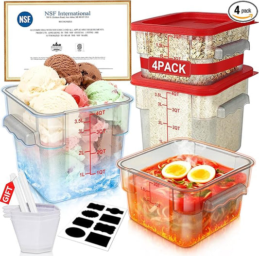 2QT&4QT NSF Food Storage Containers with Lids: 4 PCS [Total Food Grade][Hot&Cold Resistant] Commercial Clear Food Storage Containers for Restaurant Kitchen Proof Dough (Red)