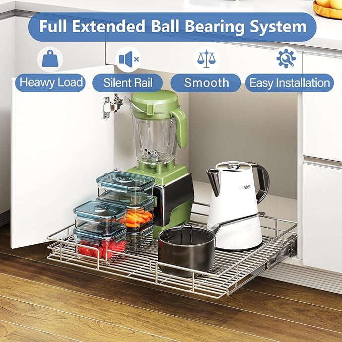 ROOMTEC Pull Out Cabinet Organizer, 27" W x 21.5" D, Heavy Duty Slide Out Kitchen Cabinet Organizers, Neutral