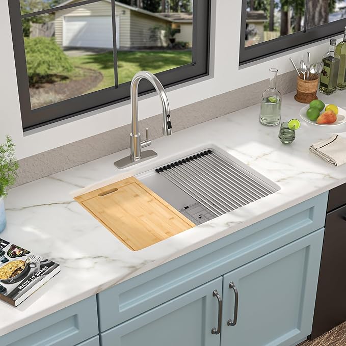 28"x19" Granite Composite Kitchen Sink - White Undermount Ledge Workstation Quartz Classic Under Counter Single Bowl Basin