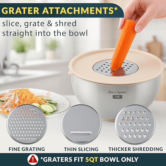 Baker's Signature Stainless Steel Mixing Bowls with Lids Set, 5 Sizes, 3 Graters, Non-Slip Base, Airtight Lids, Metal Mixing Bowls for Kitchen, Food Prep, Storage, 0.63QT-5QT, Khaki