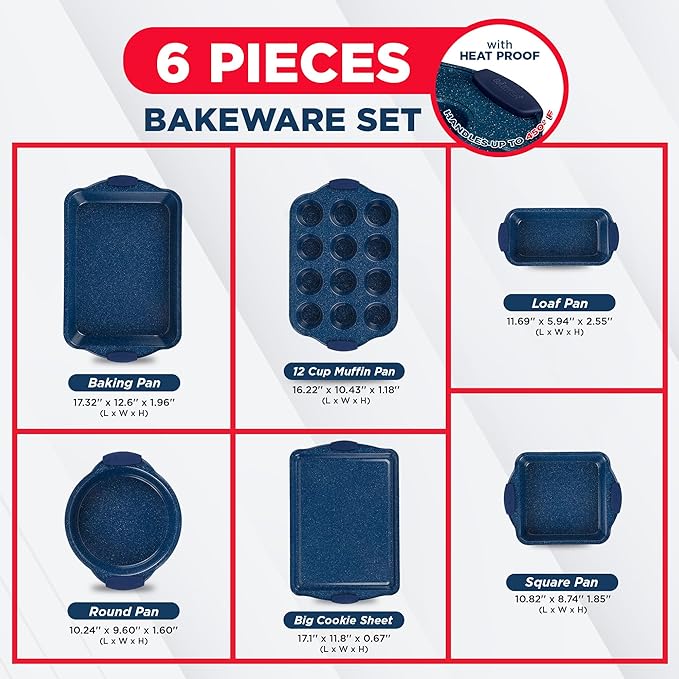BAKKEN Kitchen Baking Pan Set - Nonstick Coating, Carbon Steel Bakeware Sets with Blue Silicone Handles, Baking Kitchen Essentials, PFOA, PFOS, PTFE Free, Oven Safe Tray (Up To 450° F), Set of 6