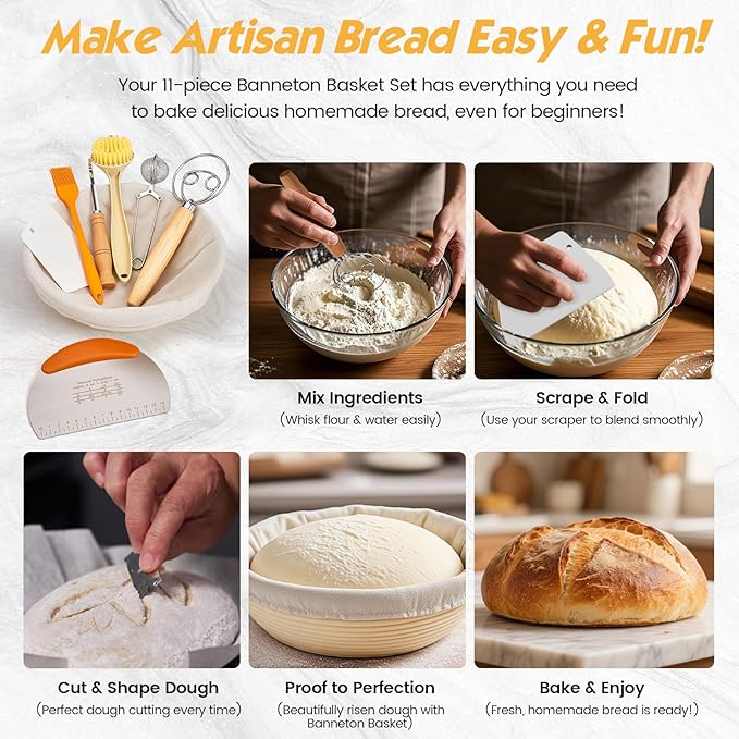 Banneton Bread Proofing Basket Set - Sourdough Starter Kit with 10" Round & 9" Oval Baskets, Linen Liners, Dough Whisk & Sourdough Bread Baking Supplies for Artisan Bread Making
