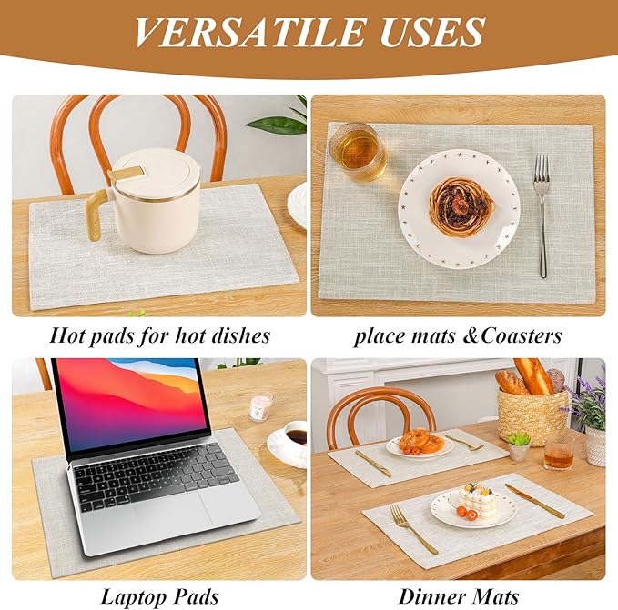 SHACOS Washable Cloth Placemats Set of 4, Double Layer Thick Non Slip Heat Resistant Place Mats, Stain Resistant Faux Linen Modern Farmhouse Table Mats, Ivory