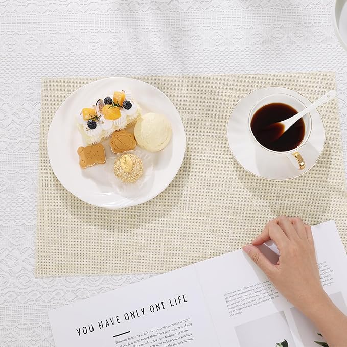 SHACOS Placemats Set of 6 Woven Vinyl Place Mats Wipeable Heat Resistant Stain Resistant Table Mats Indoor Outdoor, Beige White