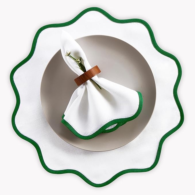 Solino Home Linen Scallop Cloth Placemats Set of 4-100% Pure Linen Garden Green and White Round Placemats 16 Inch for Thanksgiving, Christmas - Giselle Scallop Edge, Handcrafted and Machine Washable