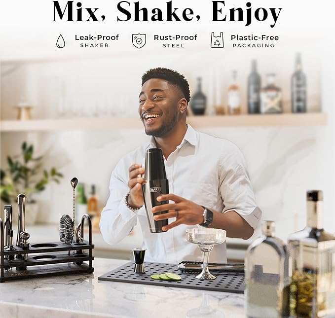 BARE BARREL® Mixology Bartender Kit Bar Set | 14-Piece Cocktail Shaker Set | Martini Barware Mixing Tools for Home Bartending | 35 Recipe Cards | Gift Set (28oz Boston Shaker, Jet Black/Black)
