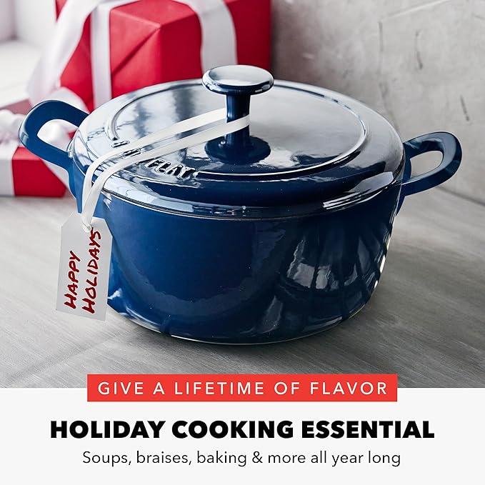 GreenPan x Bobby Flay 5.5QT Enameled Cast Iron Round Dutch Oven with Lid, Dual Handles, Oven Safe to 500F & Induction Suitable, Self Basting Lid, Ultra-Durable, Sear, Braising, Bread, Stews, Cobalt