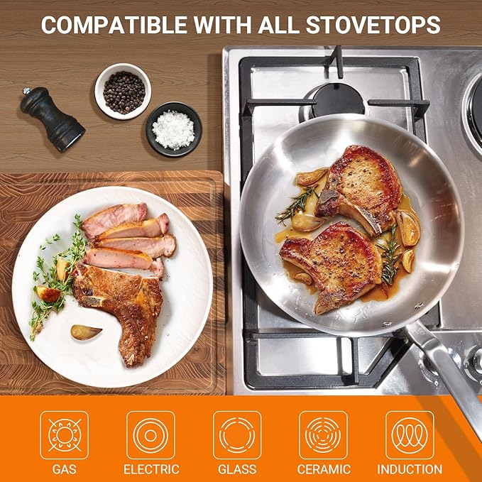 8 Inch Mini Stainless Steel Frying Pan - 5 Ply Stainless Clad Skillet with Aluminum Core, Durable and Even Heating, Professional Cookware for Induction, All Stoves, Oven and Dishwasher Safe