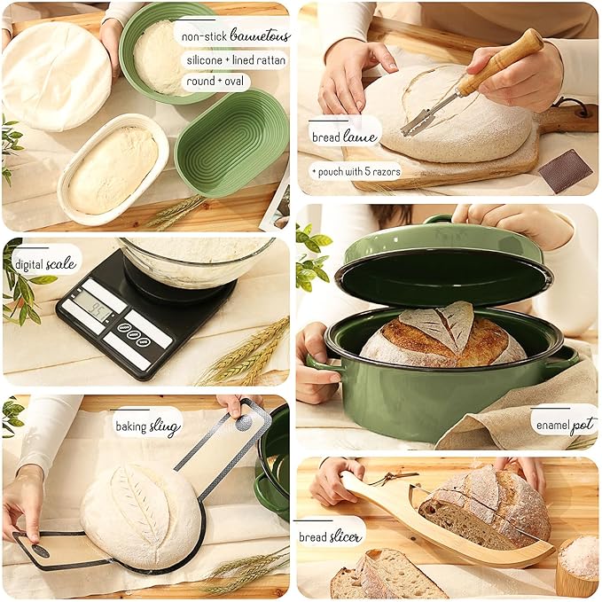 All-Inclusive 𝗣𝗥𝗘𝗠𝗜𝗨𝗠 Sourdough Starter Kit with Pot, 34 Oz Starter Jar, 4 Banneton Bread Proofing Baskets, Scraper, Scale, Sourdough Bread Baking Supplies, Detailed Beginner Guide & Recipes