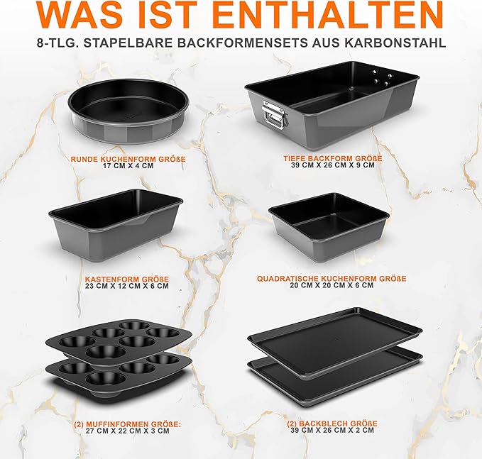 NutriChef 8-Piece Nonstick Stackable Bakeware Set - PFOA, PFOS, PTFE Free Baking Tray Set w/Non-Stick Coating, 450°F Oven Safe, Round Cake, Loaf, Muffin, Wide/Square Pans, Cookie Sheet (Gray)