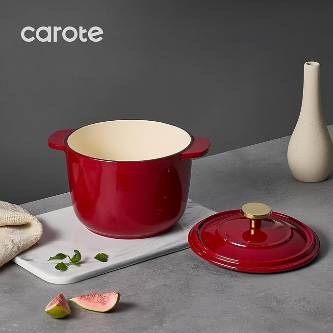 CAROTE 2QT Enameled Cast Iron Dutch Oven Pot with Lid, Mini Round Dutch Oven for Small Sourdough Bread, Stews, Soups, Sauces, Beans, Rice, Serves 1-2, Dual Handles, Healthy & Non-Toxic, All Stovetop Compatible, Oven Safe up to 500° F, Red
