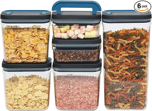 Flip-Lock Airtight Food Storage Containers 6-PC (0.6 Qt*2+1.6 Qt*3+3.4 Qt),Leakproof Ring Seal Top,Anti-Slip Pantry Canister for Flour Sugar,Coffee,Dog Food Treat,Rectangle Black