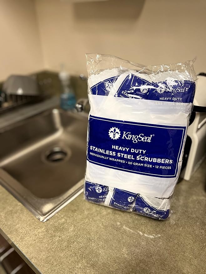 12 Count | KingSeal Stainless Steel Scrubbers, Scrub Pads, Heavy Duty, 50 gram Weight, Individually Wrapped - 1 Pack of 12