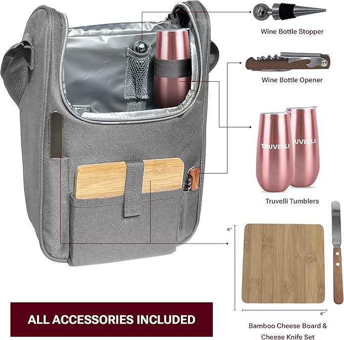 Truvelli Insulated Wine Tote Bag: Portable 2 Bottle Cheese Waterproof Black Canvas Carrier Picnic Kit - Stopper Attachment, Plus Wooden Charcuterie Board