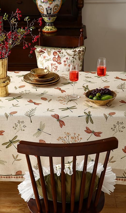 French Square Tablecloth,Linen Table Cloth with Flowers and Red and Green Dragonflies Pattern,Heavy Durable Table Cover for Dining Thanksgiving Kitchen Decor Party Christmas,55"*55"