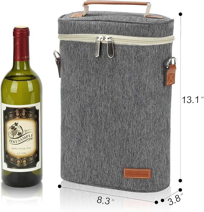 ZORMY 2 Bottle Insulated Wine Tote Bag, Wine Carrier Travel Padded Cooler Bag with Shoulder Strap & Corkscrew Opener, Perfect Wine Lover's Gift, Great for Picnics Grey