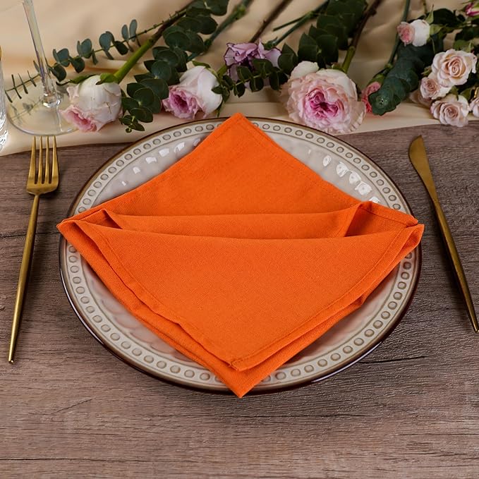 Solid Color Linen Blended Thin Dinner Fabric Napkins - Set of 12 (40 x 40 cm) - for Thanksgiving Halloween Use (Orange/Fall)