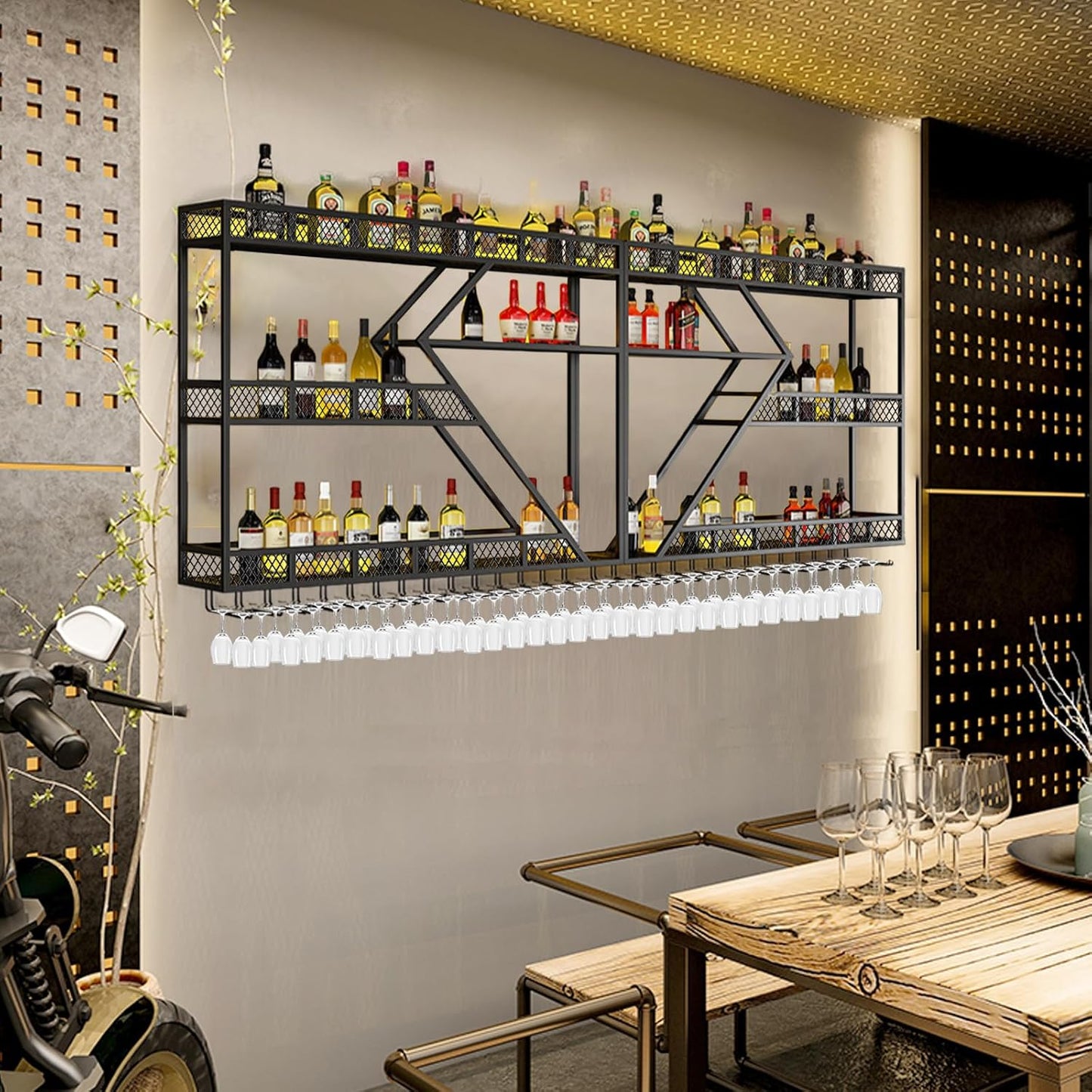 Metal Wine Rack Wall Mounted, Modern Wine Storage Rack Wall Mounted with Wine Glass Holder, Liquor Shelf, Bar Shelves for Liquor Bottles (3TIERS Black, 94.48 * 7.87 * 33.85INCH)