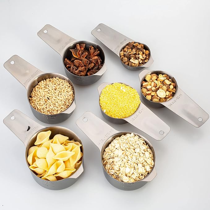 Set of 7 Heavy Duty Measuring Cups, 18/8 Stainless Steel with Ring Connector, Dark Grey