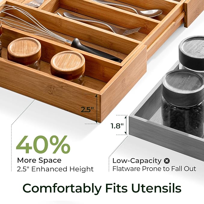 Carbonized Large Bamboo Kitchen Drawer Organizer, 12 Slots Expandable Silverware Organizer, Utensil Holder & Cutlery Tray, 2.5" Deep for Extra Capacity, Non-Slip Feet Included