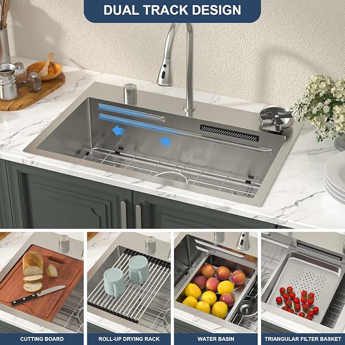 Lordear 31 Drop Kitchen Sink with Faucet Combo - 31"x20" Waterfall Kitchen Sink Workstation Stainless Steel 16 Gauge Single Bowl Topmount Handmade Sinks with Pull Out Faucet