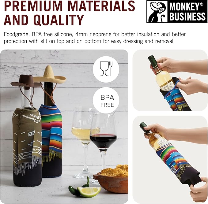 Monkey Business Giftbox for Wine Lovers – 2 Neoprene Wine Bottle Poncho Covers + 2 Silicone Wine Stoppers – Funny Wine Gifts for Hosts and Parties – Insulated Wine Sleeves – Fits 750ml Bottles
