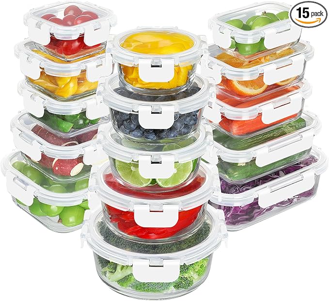 BAYZZ 30 Piece Glass Food Storage Containers Set, Glass Meal Prep Containers with Lids, Airtight Lunch Box, BPA-Free, Microwave, Freezer & Dishwasher Safe,White
