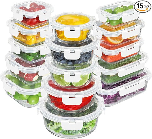 BAYZZ 30 Piece Glass Food Storage Containers Set, Glass Meal Prep Containers with Lids, Airtight Lunch Box, BPA-Free, Microwave, Freezer & Dishwasher Safe,White