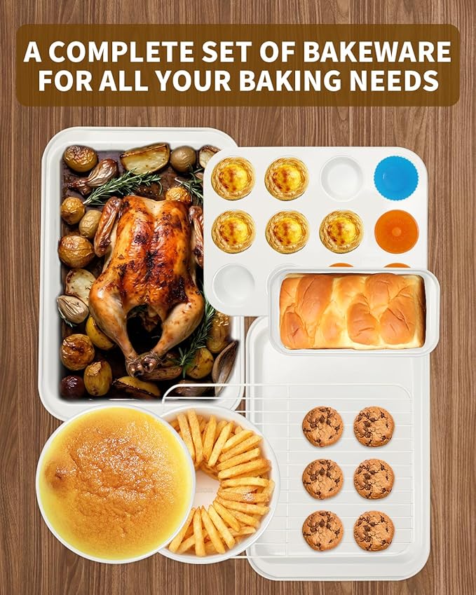 Nonstick Baking Pans Set, 19 PCS Stackable Bakeware Sets, Oven Pan Set Includes Baking Tray, Cookie Sheet, Cake Pans, Loaf Pan, Muffin Pan, Silicone Cups
