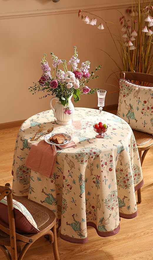 patdrea Designer Beige Tablecloth for Round Tables,Vintage Elegant French Linen with Trees and Kid Pattern Table Cloth,Farmhouse Table Cover Cloth Decor for Kitchen Dining Christmas,Diameter 67"
