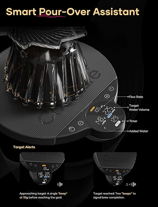Cocinare Balance Lite Smart Coffee Scale with Timer, 3kg/0.1g Precision Digital Scale for Pour-Over, Espresso & Drip, 3 Brewing Modes (Assist, Weigh, Competition), Adjustable Ratios & Flow Rate, Black