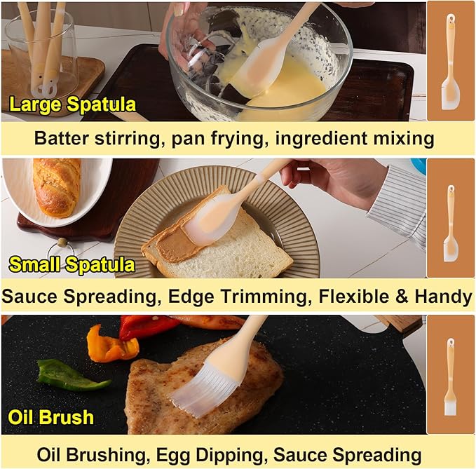 Silicone Spatula Set with Grooved Design + Basting Brush, Heat Resistant, BPA-Free & Non-Stick Small Rubber Spatula, Kitchen Utensils Set for Baking, Cooking, Scraping, Stirring & Basting 3 PCS
