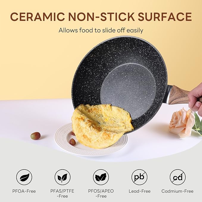 Sweetcrispy 17 Pcs Nonstick Pots and Pans, Non-toxic Kitchen Cooking Set with Stay-Cool Handles, Black