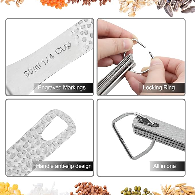 Measuring Spoons Set, 18/8 Stainless Steel Measuring Spoons Set for Dry & Liquid, Metric & US 6 Measuring Spoons with 1 Leveler & 1 Locking Ring for Baking & Kitchen