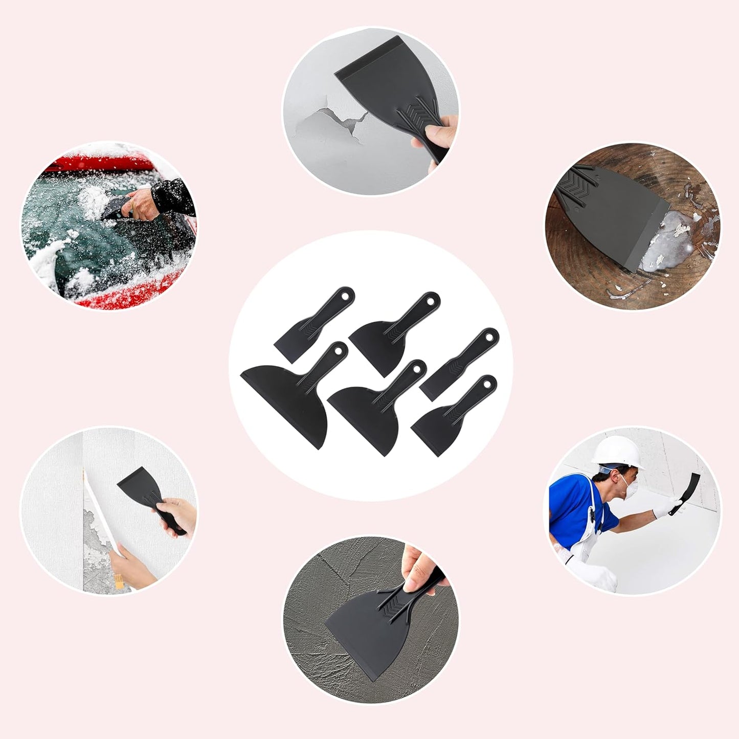 6 Pack Plastic Putty Knife, Durable Plastic Scraper Tool with No-Slip Grip for Spackle, Spreader, Non Scratch and Easy Cleaning Spackle Knife, Putty Knife Set, Black