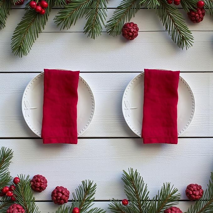 Hemstitched Linen Napkins – 20 Inch x 20 Inch – Stonewashed Pure Linen Cloth Dinner Napkins with Mitered Corners - 100% French Flax – Machine Washable - Set of 4 (Rich Red)