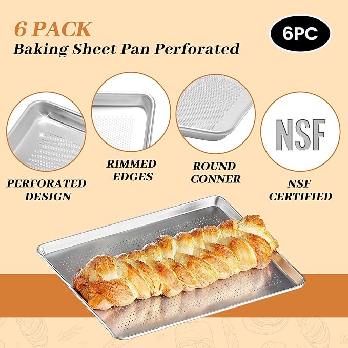 6 Pack Full Size Baking Sheet Pans Perforated, Aluminum Commercial Cookie Sheets Non-Stick, 26"x18"
