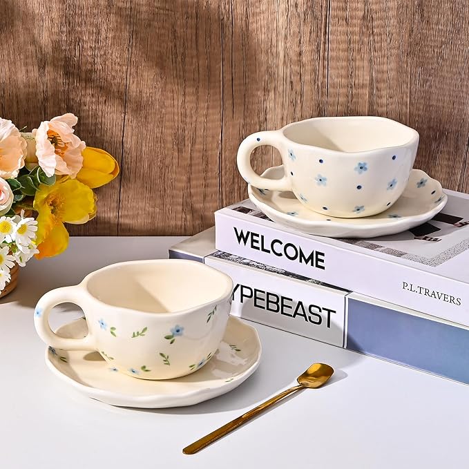 Koythin Ceramic Coffee Mug with Saucers, Handmade Flowers Mugs, Cute Cup for Girl Women, Aesthetic Tea Milk Cup with Handle, 8.5 oz/250 ml for Latte, Cocoa, Office, Home (Dot Blue Flower)