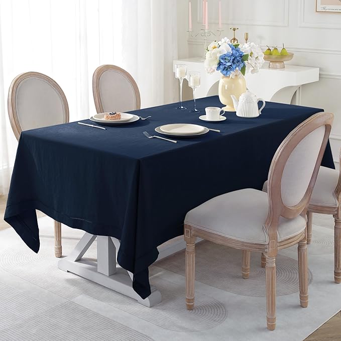 Linen World Hemstitch Linen Tablecloth, French Linen Navy Tablecloth 108" x 60" Inch, Washable Rectangular Table Cloth for Dining, Outdoor, Weddings and Restaurants, Decorative Valentine Easter