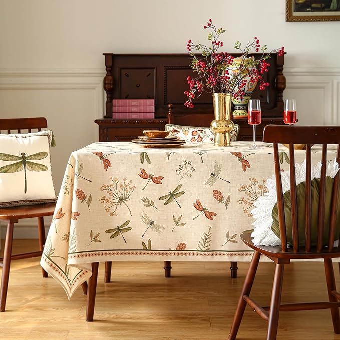 French Rectangular Tablecloth,Linen Table Cloth with Flowers and Red and Green Dragonflies Pattern,Heavy Durable Table Cover for Dining Thanksgiving Kitchen Decor Party Christmas,55"*79"
