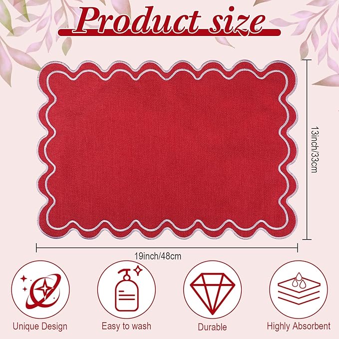 12 Set Linen Placemat 13x19 Wavy Embroidery Scalloped Placemat Double Layered Washable Farmhouse Dinner Table Mat Fabric Napkin for Christmas Hotel Restaurant Wedding Party(Red)