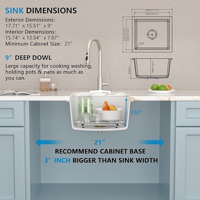 18"x16" Undermount Bar Prep Sink – White Granite Composite Quartz Classic Under Counter Single Bowl Sink Basin for Wet Bar, RV, Small Kitchen, Mobile Home